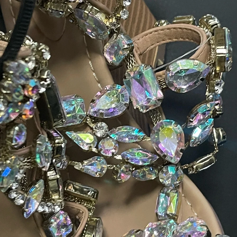 JustFab Women's Sandals with Iridescent Gems and Gold Accents - Picture 2 of 4